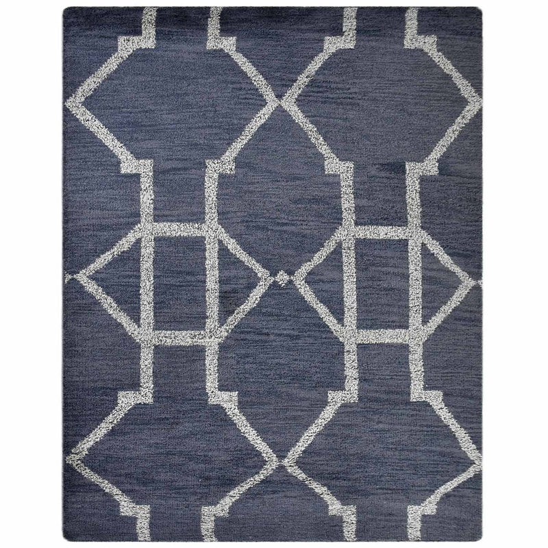 Gris clair | Tapis d'intérieur blanc géométrique en laine blanc fait à la main, Rectangle de 5 pi x 8 pi