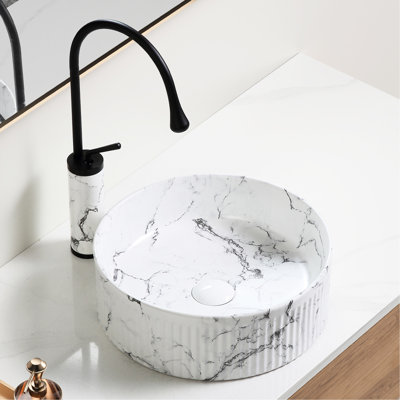 Round Black And White Marble Vessel Sink, 15"X15" Inch, Porcelain Ceramic, High - Grade Glaze, Easy Installation Process Inch Above Counter Sink For Bathroom, Scratch