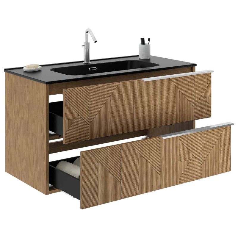 Kora Geo 24" Fluted Wall-Mounted Single Bathroom Vanity with Integrated Ceramic Top & Handles, Gold, 24"