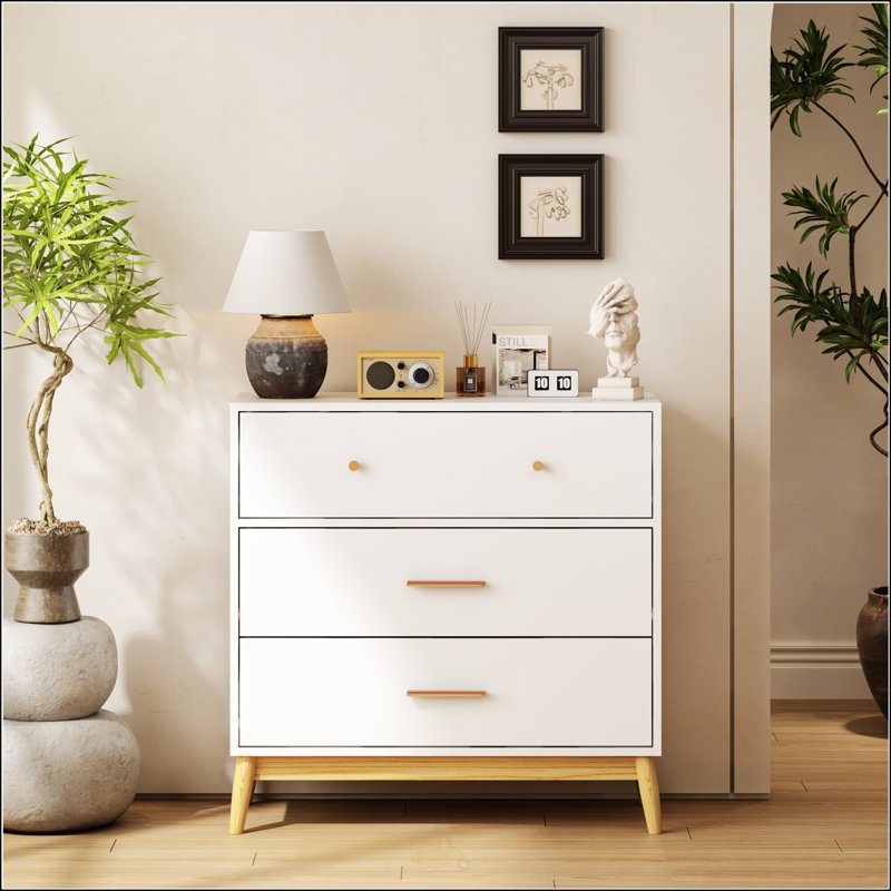 Armoire de rangement à 3 tiroirs de style nordique, commode blanche moderne avec poignées en or rose et base en bois massif, parfaite pour les petits espaces