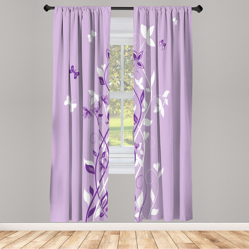 Microfiber Floral Semi-Sheer Rod Pocket Curtain Panels, 28" W x 84" L, White/Dark Purple/Purple