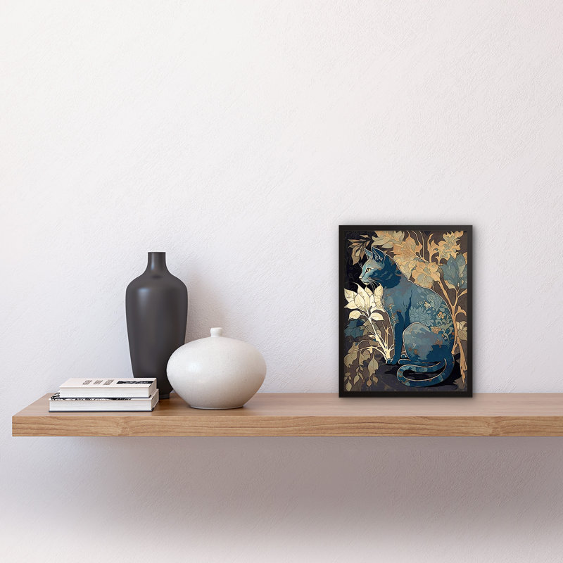 Russian Blue Cat With Autumn Plants And Floral Pattern Fur Coat Modern Silkscreen - Single Picture Frame Print