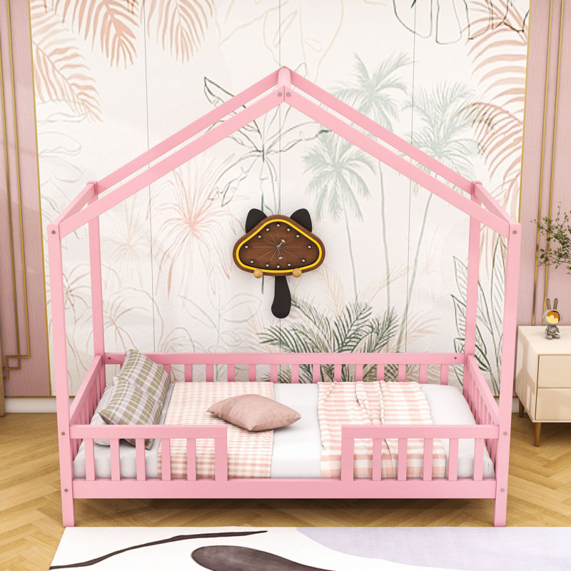 Enchanting Montessori Wooden House-Shaped Bed With Canopy, Twin, Pink