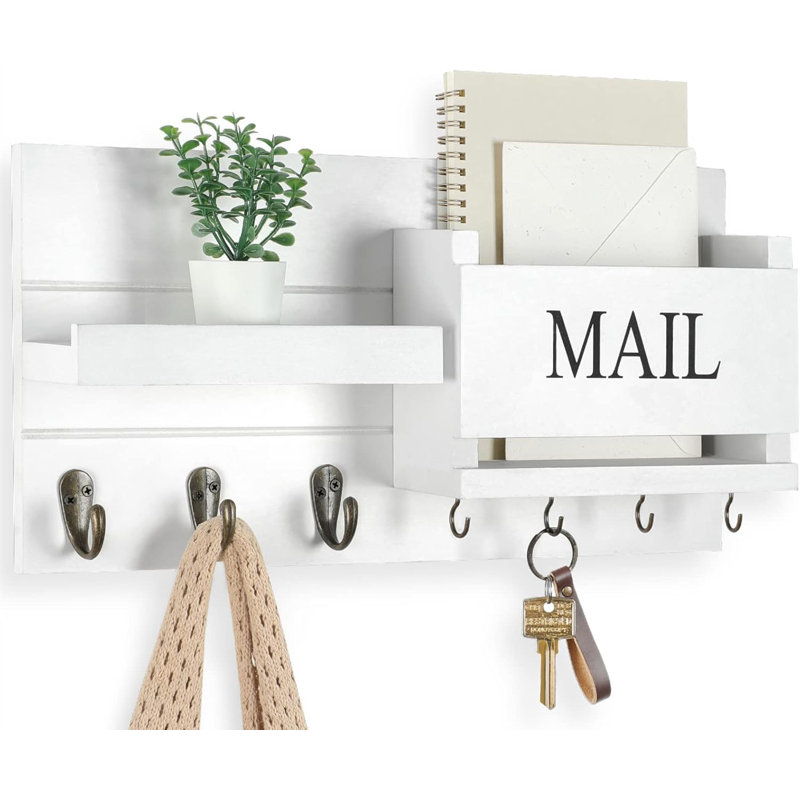 Organisateur de courrier mural - Porte-clés avec tablette avec porte-lettres et crochets pour décor de maison de campagne - Couloir en bois rustique avec quincaillerie de fixation (16,5 po x 9,1 po x 3,4 po) (blanc)