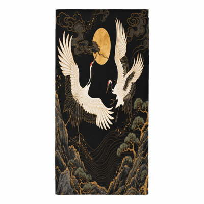 1pièce serviette de plage Crane élégante, comprenant des grues majestueuses et une pleine lune dans un style délavé à l'encre de Chine. Grande microfibre, parfaite pour la piscine, les voyages, unisexe.