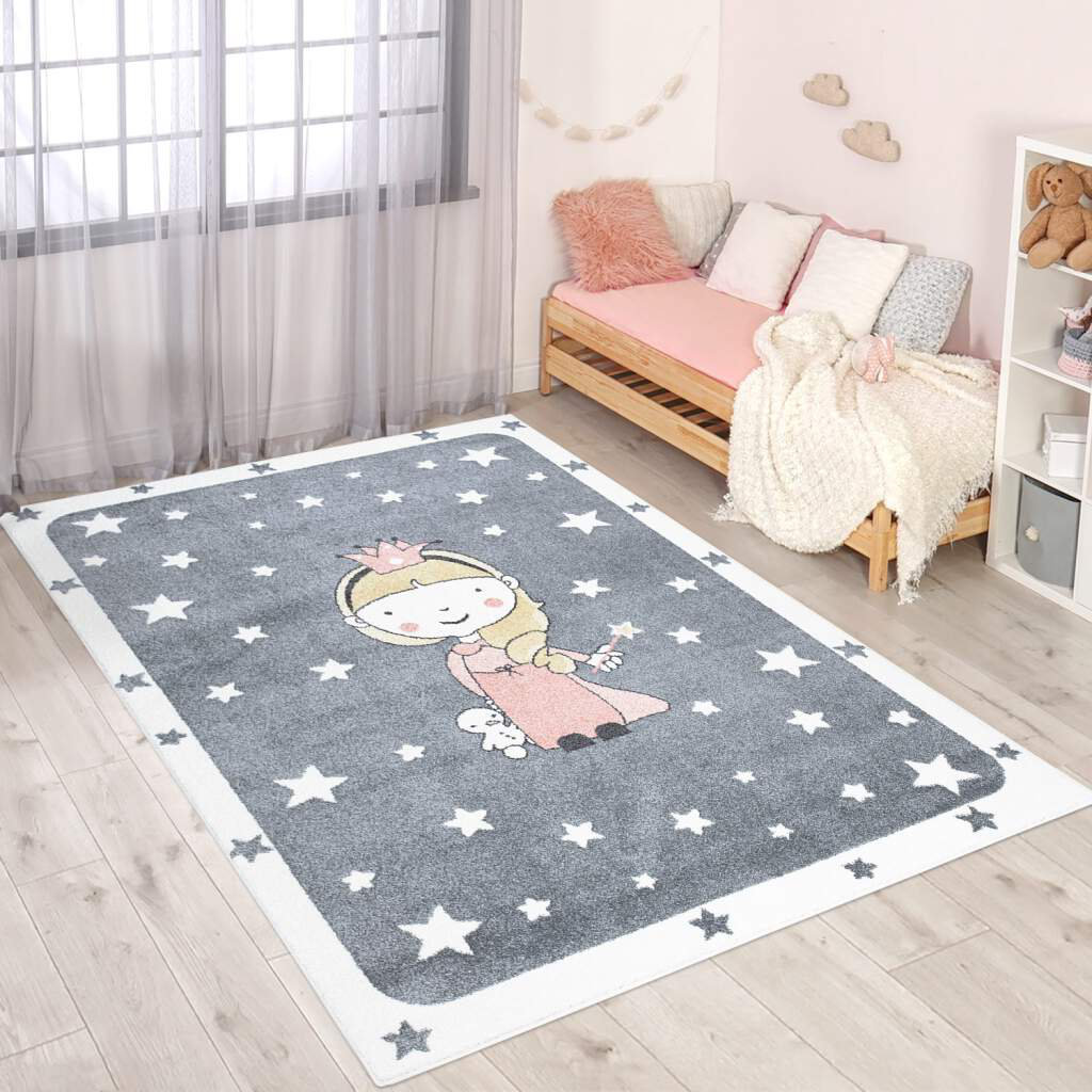 Kinderteppich Anime 893 Grau Rosa Prinzessin Sterne Kinderzimmer Teppich Kurzflor