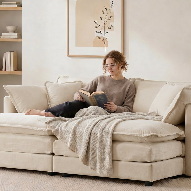 Ensemble de 4 pièces en chenille avec 2 repose-pieds, Chenille café clair