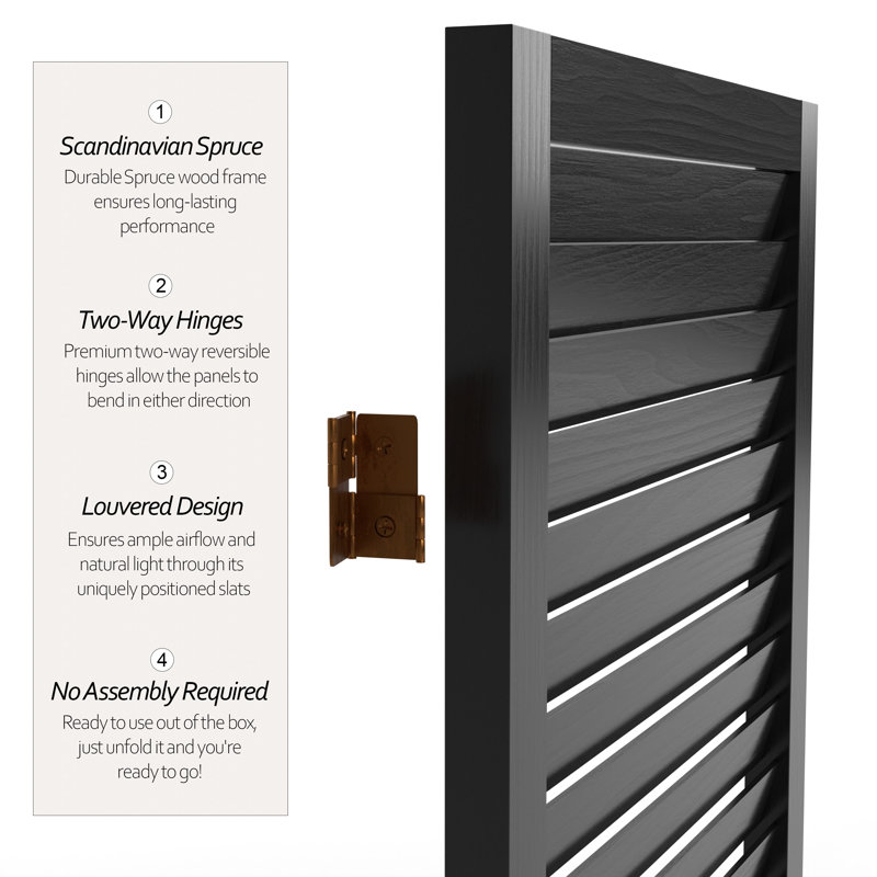 6 Ft. Tall Wooden Louvered Room Divider Walnut 3 Panel, 4, Black
