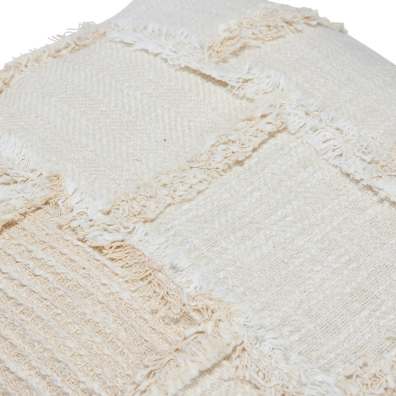 18" Beige Cotton and Wool Patchwork Pillow with Frayed Edges