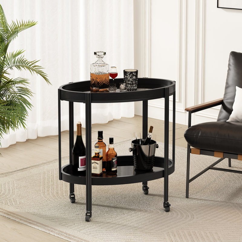 Ashgrove Modern Rustic Oval 2-Shelf Bar Cart With Tempered Glass, Black