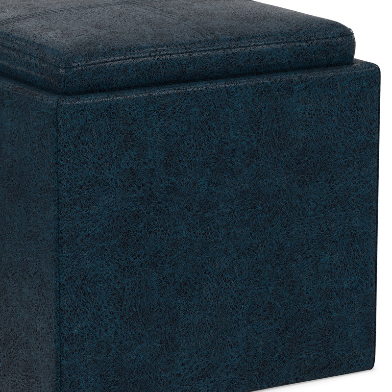 Repose-pieds carré contemporain avec rangement en cuir végétalien et plateau basculant Rockwood, Bleu foncé patiné