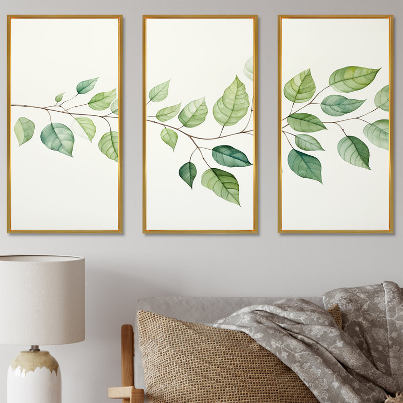 Feuilles vertes, charme minimaliste - ensemble d'art mural feuilles, Cadre flottant doré, H 32 po x l 48 po x P 1 po