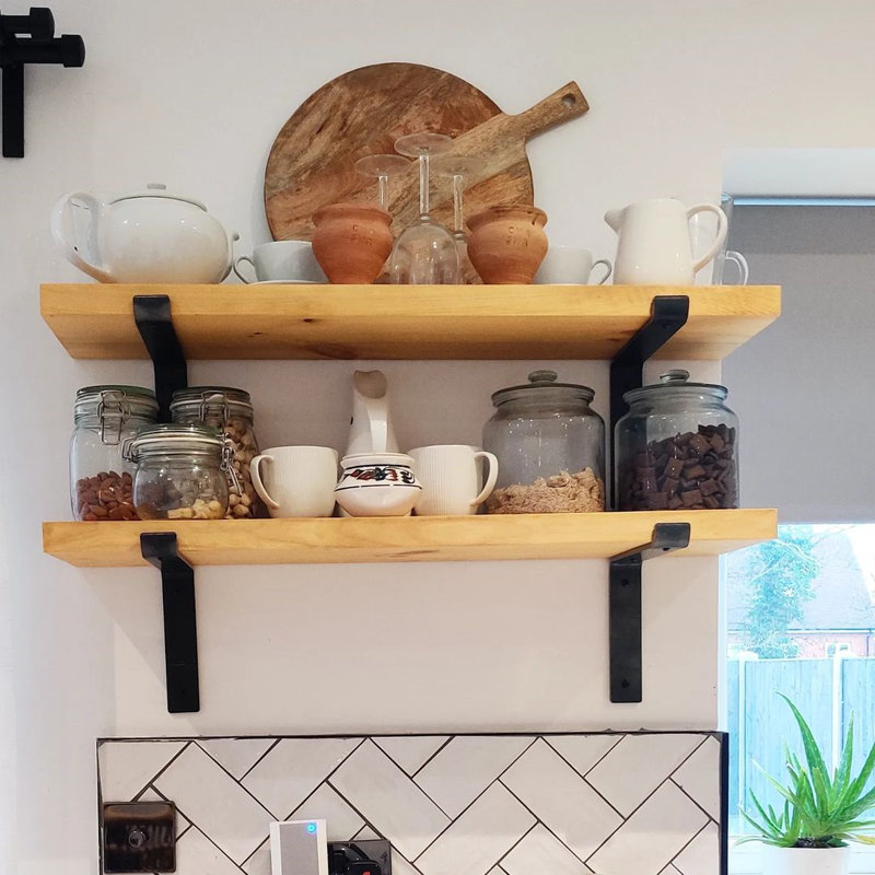 Lemieux Handcrafted Rustic Wooden Wall-Mounted Floating Shelves with Black L Brackets, 4cm H x 90cm W x 22cm D, Antique Pine
