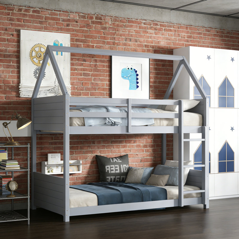 Twin Over Twin Solid Wood House Floor Bunk Bed With Ladder, Gray