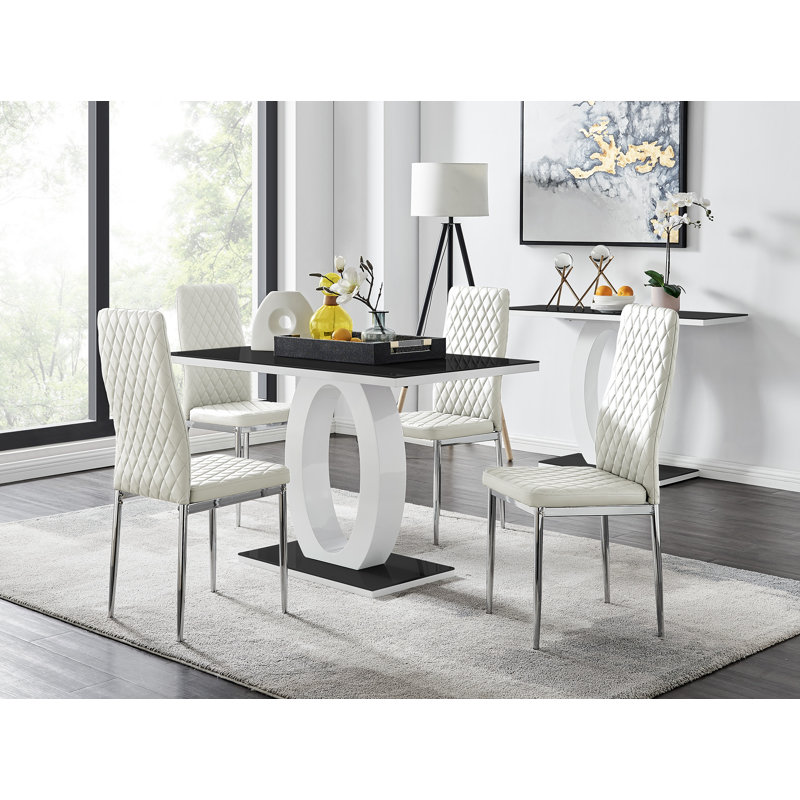 Eubanks 4 Black Dining Table & 4 Grey Gold Leg Chairs, White/Silver