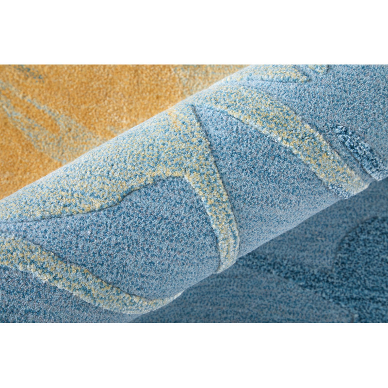 Kawai Hand Knotted Wool Abstract Area Rug in Teal, Rectangle 10' x 14'