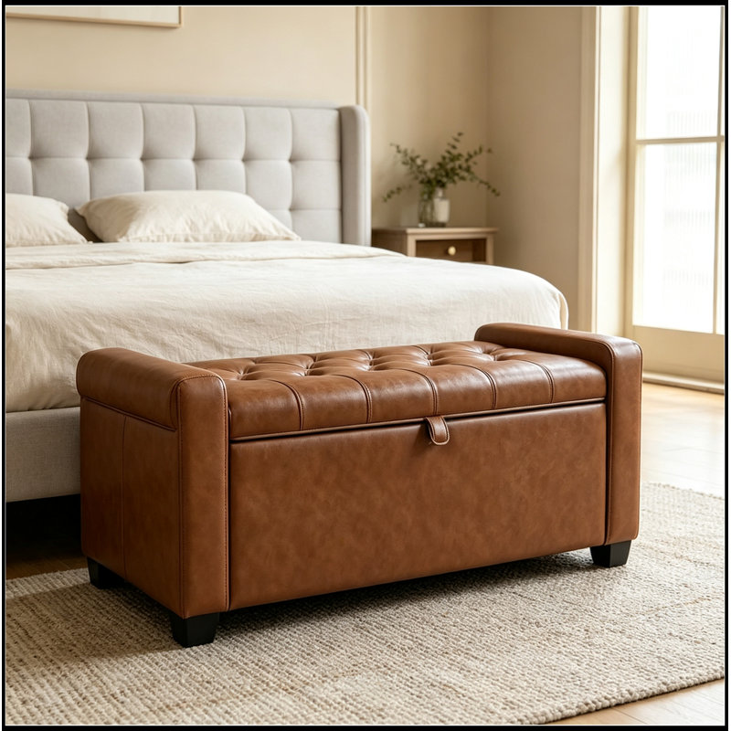 Banc rembourré avec rangement rabattable et siège capitonné, Brun