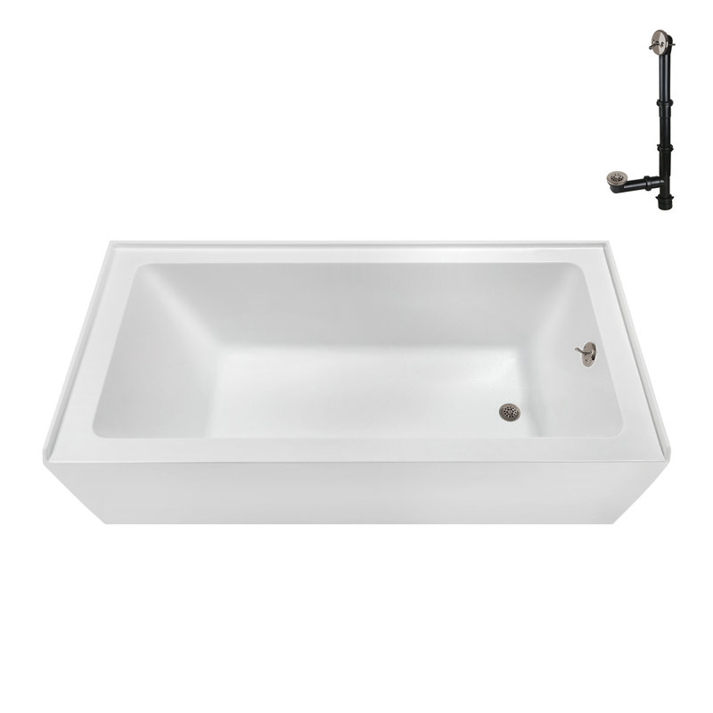Baignoire en alcôve en acrylique blanc brillant avec drain extérieur 66 po x 32 po Streamline, Nickel brossé