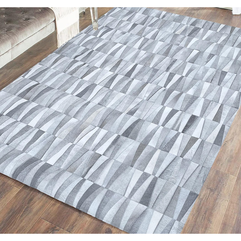 Tapis en cuir de vachette patchwork gris beige 274 x 366 cm (9 x 12 pieds), fait main, motif géométrique moderne rectangulaire, peau naturelle