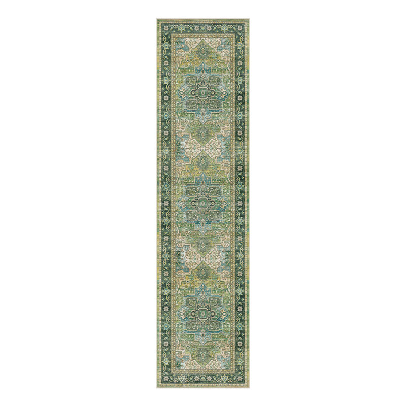 Emery Traditional Oriental Washable Area Rug With Non-Slip Backing, Runner 2' x 8', Green