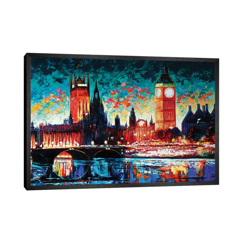 Big Ben And Houses Of Parliament by Natasha Mylius - Painting on Canvas, 101.6cm H x 152.4cm W x 3.81cm D, Black Framed