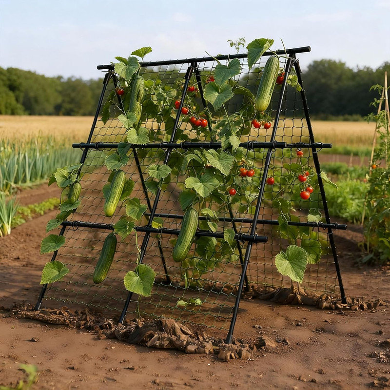 Treillis de concombre pour le jardin, support de plante pliable en forme de a avec filet d'escalade et connecteurs en spirale