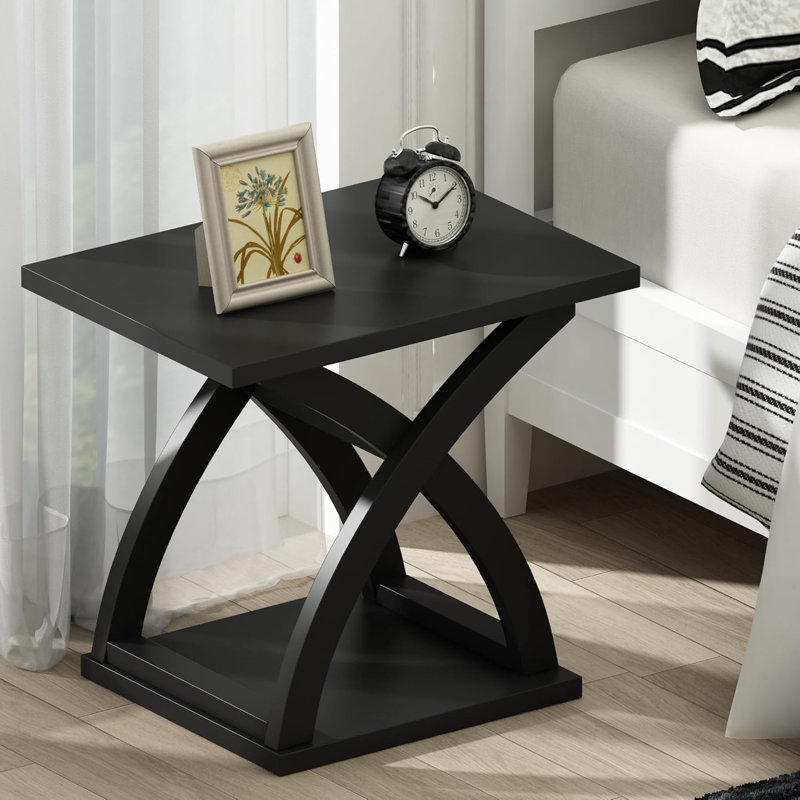 Black X-Design Wood End Side Table Set with Storage Shelf