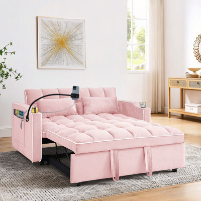 Canapé-lit pliable polyvalent de 55,51 po en 3 longueurs, canapé-lit, canapé-lit en velours, dossier réglable, avec port USB, cendrier et support pour téléphone pivotant