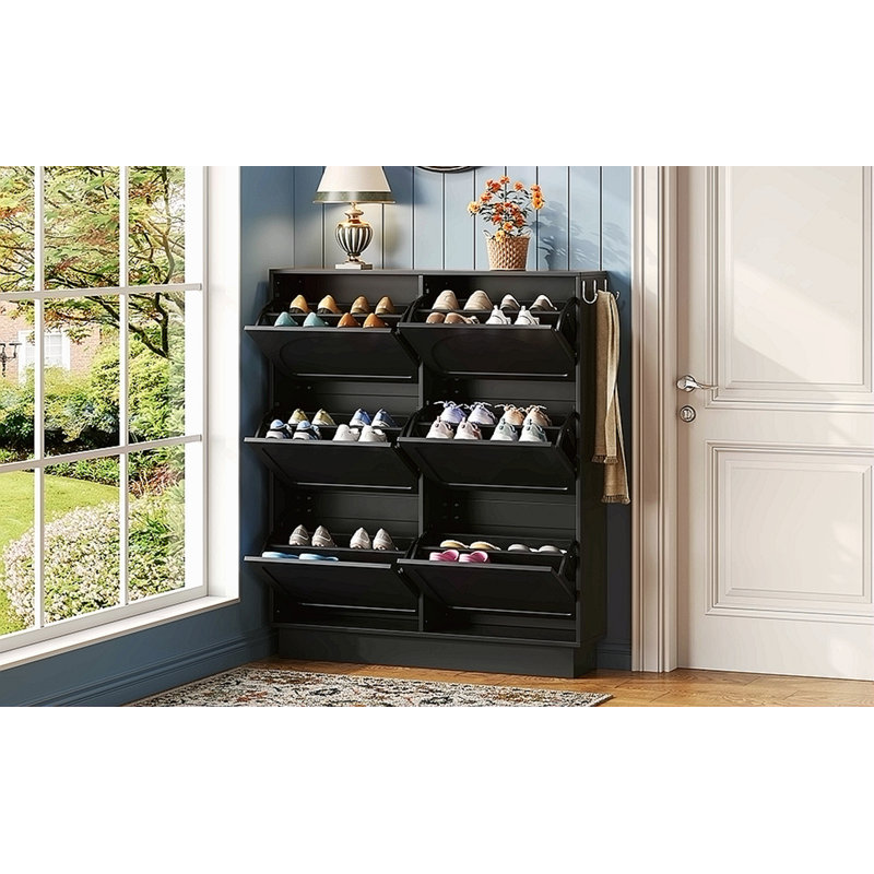 Range-chaussures moderne et élégant avec 6 tiroirs rabattables, conception compacte et élégante, rangement pour hall d'entrée de style crème avec tablette réglable, étagère à chaussures autoportante avec 3 crochets argentés