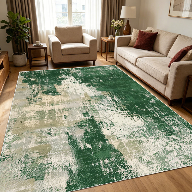 1PC Distressed Abstract Forest Green & Cream Watercolor area rugs for Living Room, Soft and Comfortable, Suitable for all seasons, easy-to-maintain, machine washable Indoor floor mat, Under Table Farmhouse suitable for dining room, bedroom, home