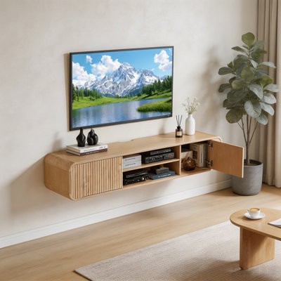63" Wall-Mounted TV Stand with Open Storage for Living Room & Bedroom, Walnut
