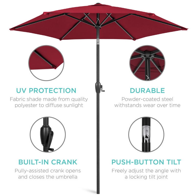 Parasol de marché extérieur robuste de 7,5 pi avec bouton-poussoir inclinable et manivelle en keven, Bourgogne