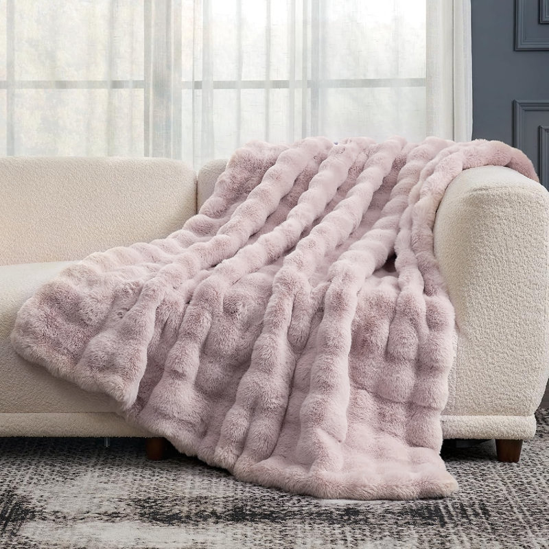 Bellin Cozy Faux Fur Reversible Throw Bed Blanket, Pink, Queen