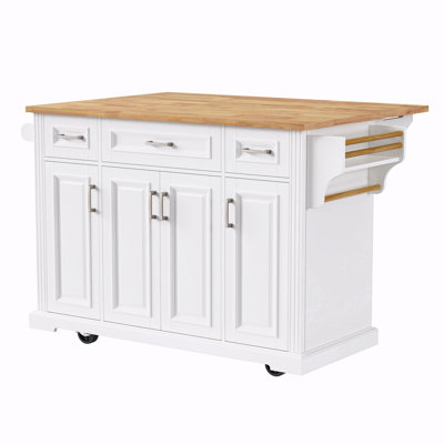 54Inch Large Kitchen Island With Rubber Wood Drop Leaf, Embossed Texture Rolling Kitchen Cart On 4 Wheels With 4 Doors And 3 Drawers, Kitchen Island With Storage For Kitchen, Dining Room,White