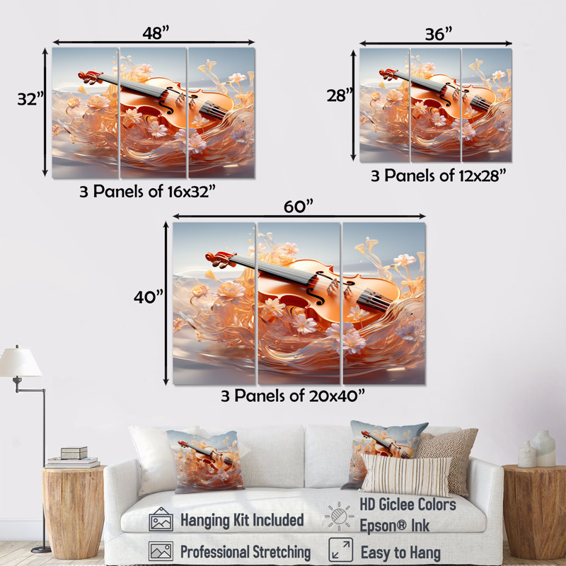 Verre, violon, sérénité, fleurs - musique, art mural, Toile tendue, H 32 po x l 48 po x P 1 po
