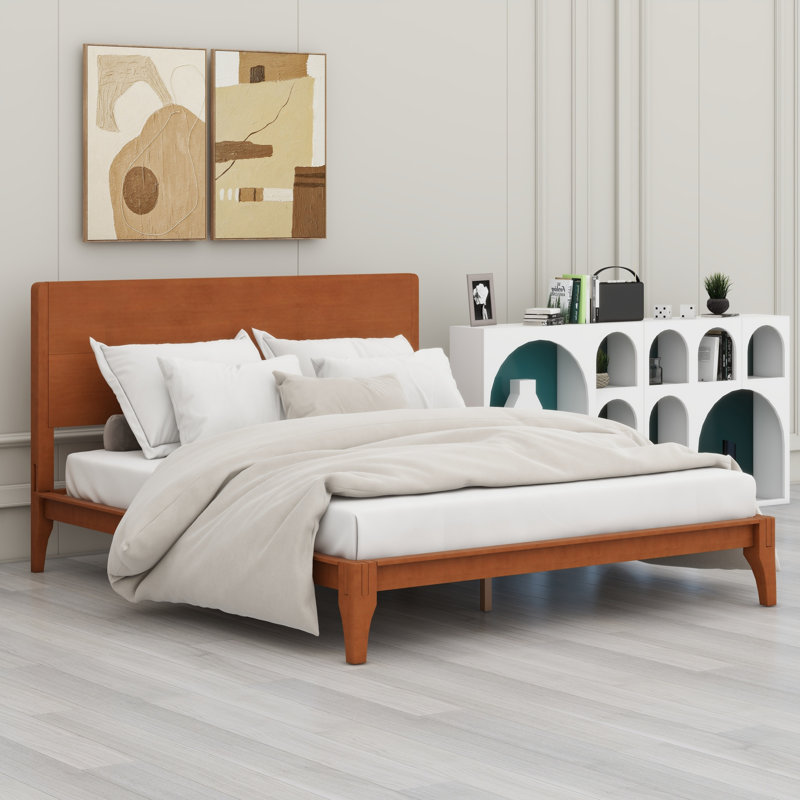 Lit plateforme Mid-Century moderne en bois avec support en lattes de bois, Grand lit, Brun
