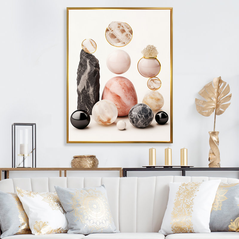 Zen Zen Stones Minerals sur toile, Cadre flottant doré, H 44 po x l 34 po