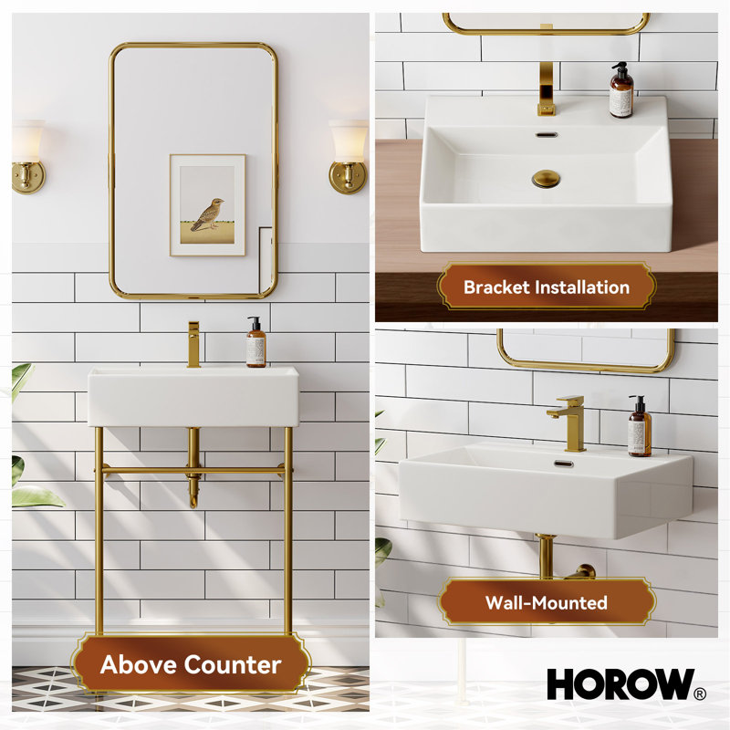 24 In. Ceramic White Rectangular Bathroom Console Sink With Legs And Overflow, White/Gold