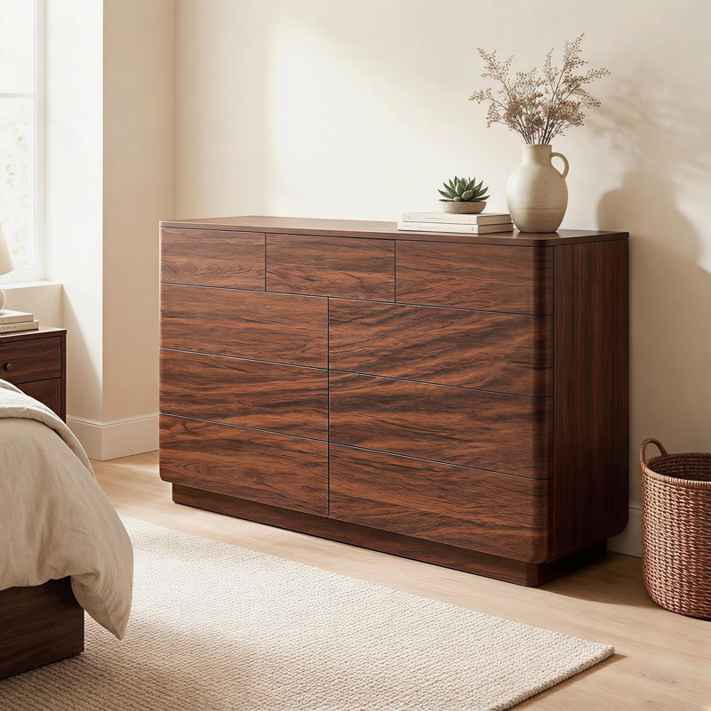 52" W Modern 9 Drawers Dresser, Dressers & Chest Of Drawers W/curved Profile Design, Dark Walnut