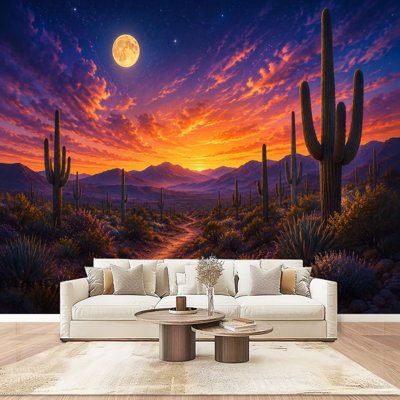 Desert Western Cactus Cacti Wall Mural Vibrant Sunset Sky Full Moon Peel and Stick Wallpaper Modern Self Adhesive Wall Decor for Bedroom Living Room 100" L x 144" W