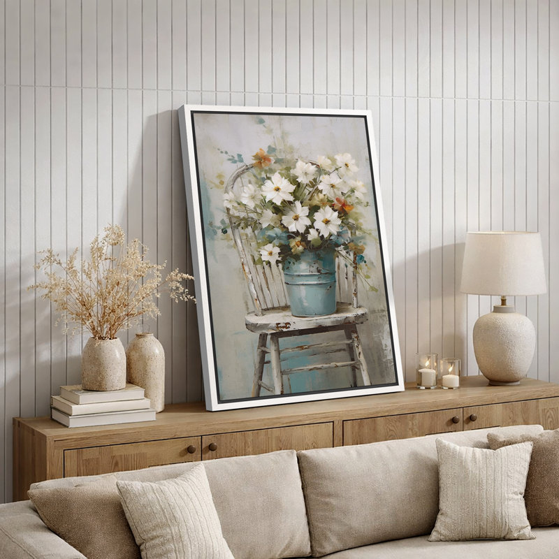Vibrant Wildflower "White Daisy Flowers Bouquet Artwork, Modern Rustic French Country Floral Wall Pictures, Large Framed Canvas Giclee Print Wall Art"