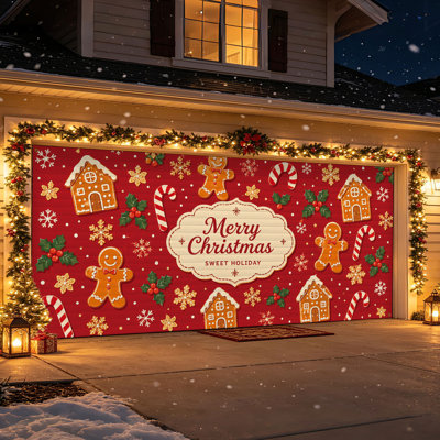 Gingerbread Christmas Garage Door Cover with Candy Cane Holiday Design