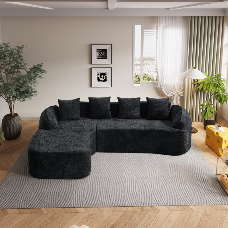 Chenille Boneless L-shaped Sectional Sofa With Curved Armrests And 4 Pillows, , Space-saving Compressed Design, Left-facing