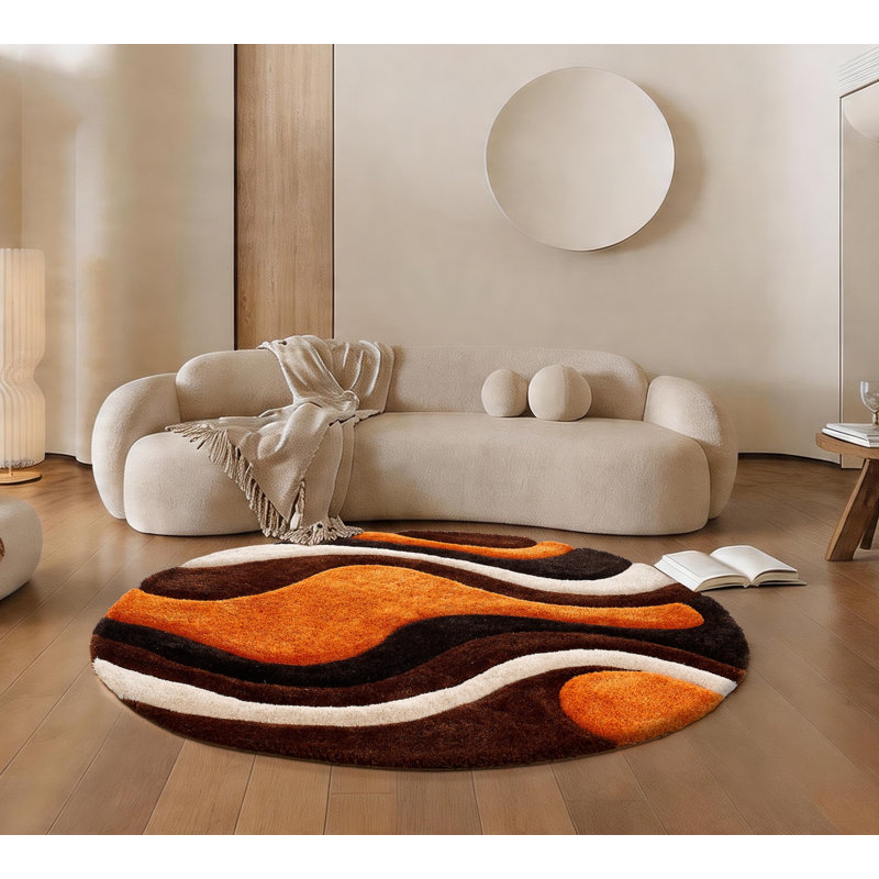 Kadir Abstract Handmade Shag Orange/Brown Area Rug, Round 7'