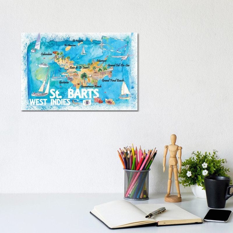 St Barts Antilles Illustrated Caribbean Map With Highlights Of West Indies Island Dream By Markus & Martina Bleichner - Wrapped Canvas Art Prints by Markus & Martina Bleichner - Wrapped Canvas Gallery-Wrapped Canvas Giclée