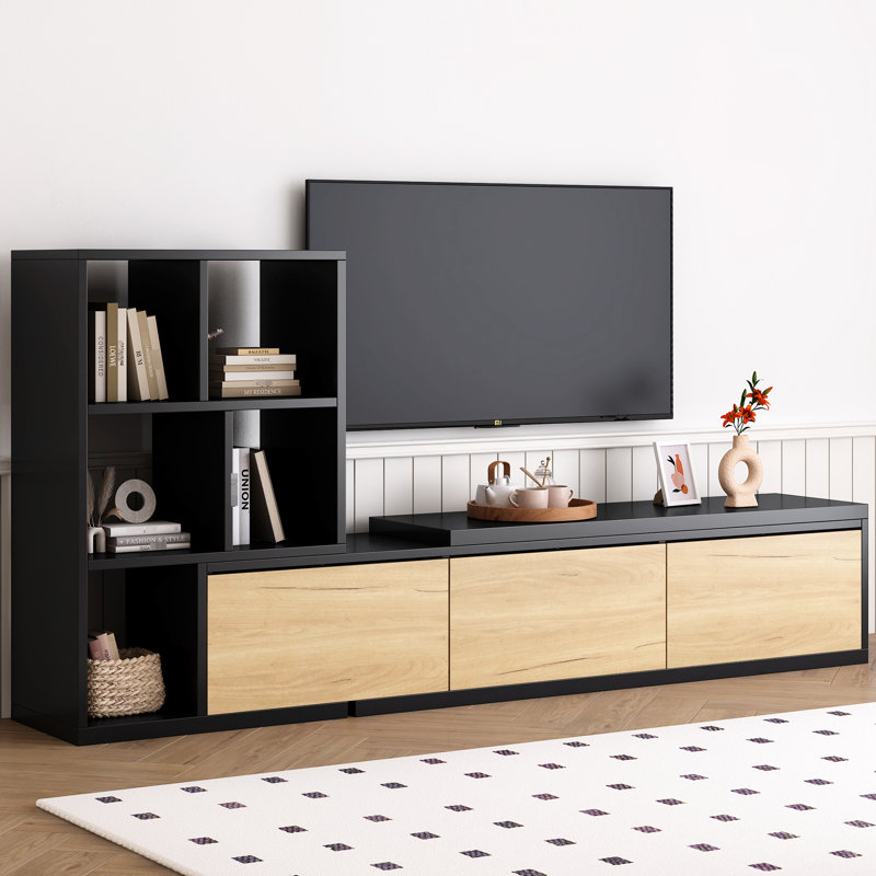 Meuble télé avec tiroirs de rangement supplémentaires, bibliothèque à 3 niveaux pour le salon, téléviseur jusqu'à 110 po, console de divertissement extensible noire avec fentes et organisateurs, espace réglable jusqu'à 110 po,
