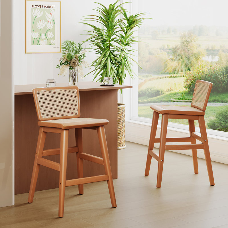 Rattan Counter Stool With Solid Wood Frame, Counter Stool (24” Seat Height)