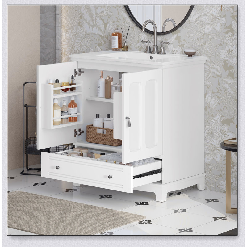 Meuble-lavabo en bois massif de 30 pouces avec lavabo en céramique, tablette réglable et cloison de tiroir pour un rangement et un style améliorés