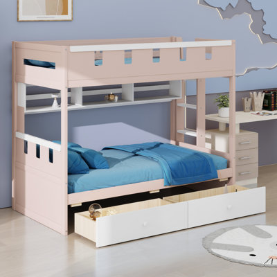 Castle-Themed Bunk Bed with 2 Drawers, Built-in Shelf and LED