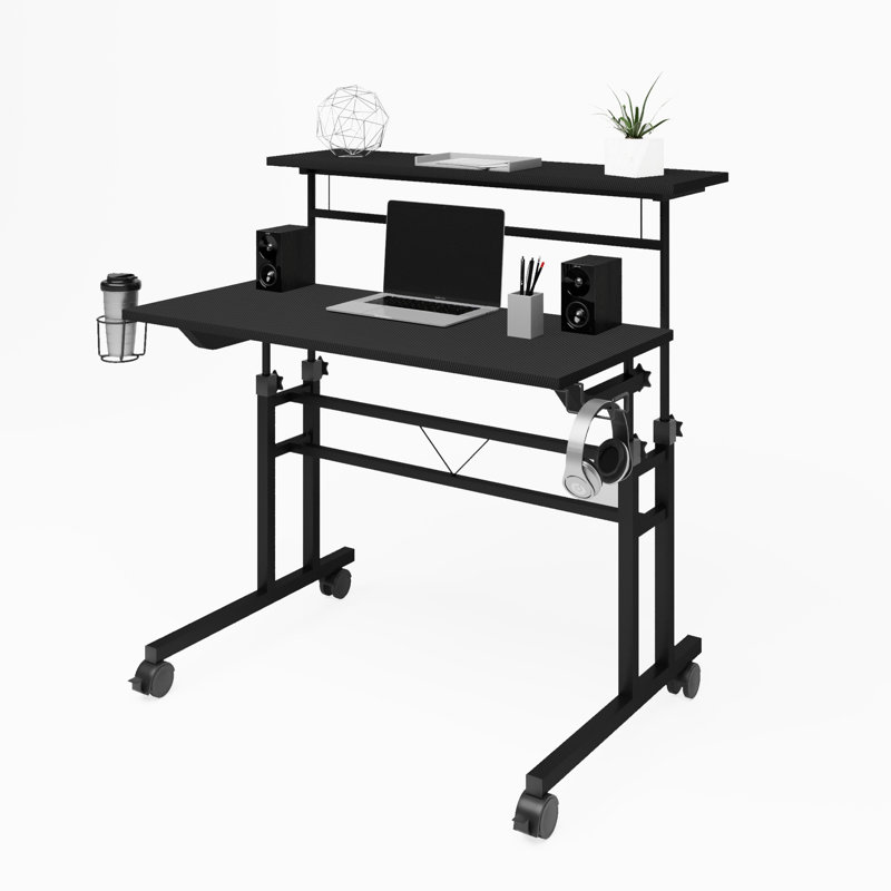 Bureau d'écriture roulant avec hauteur réglable et tablette mobile, Noir